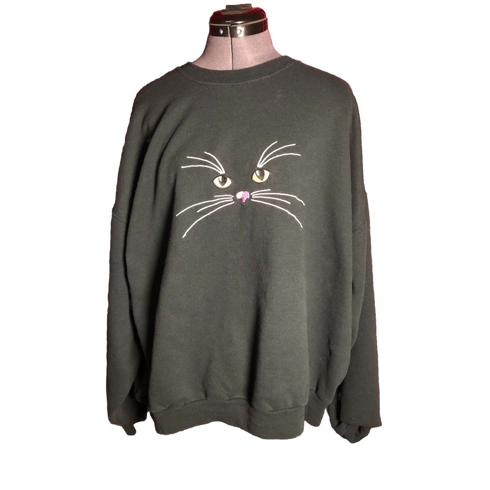 Vintage 90s Cat‎ Face Sweatshirt Peanut Butter & Jelly 2X Black USA B-56 L-27